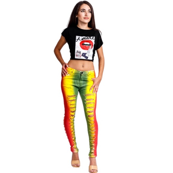 GLORY DENIM
Ladies Tie Dye Denim Ripped Jean - Red - Yellow - Green size 14 - Picture 3 of 11